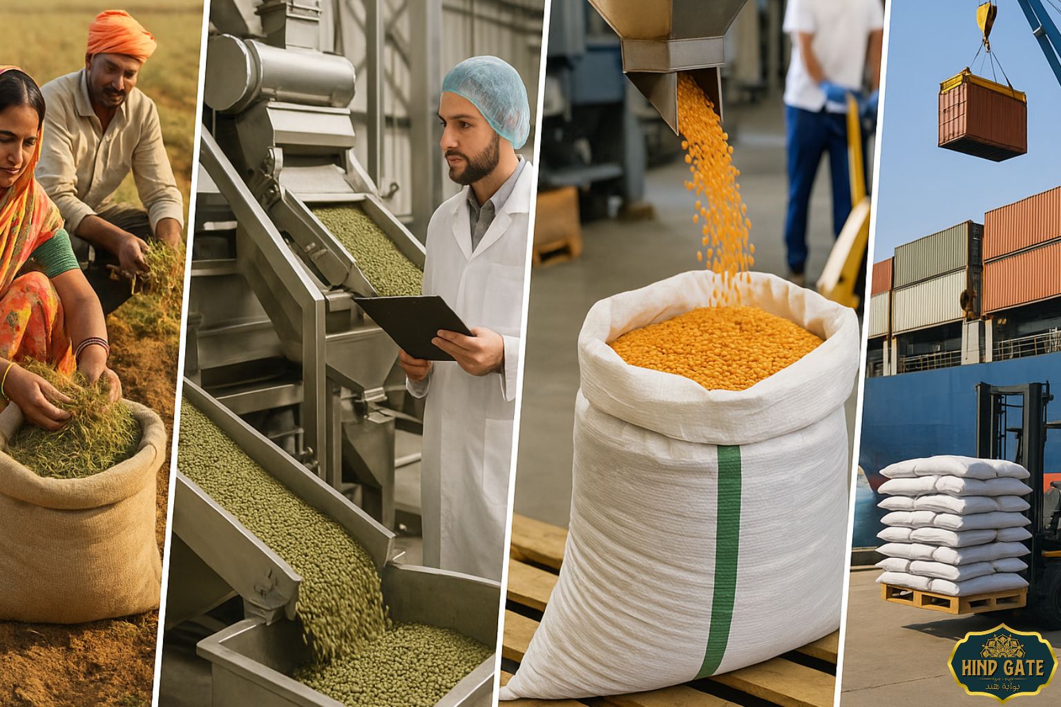 Step-by-step visual guide of pulses export: farming to shipping process.
