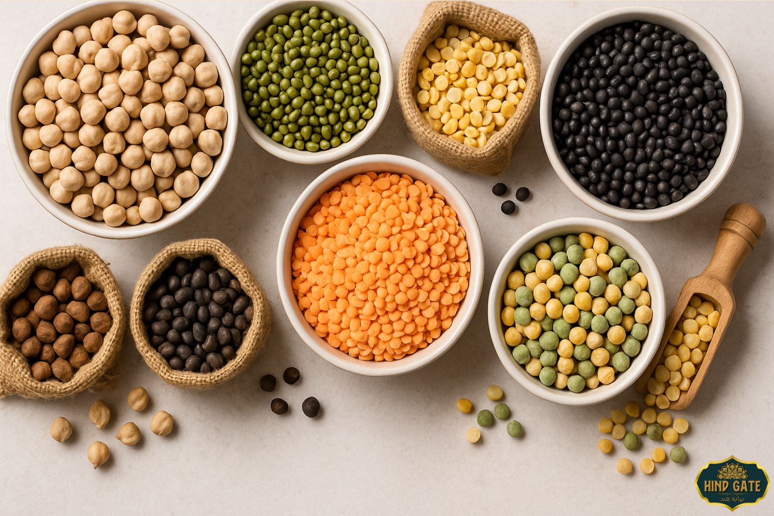 Different varieties of pulses including chickpeas, lentils, green gram, and more in bowls and sacks.