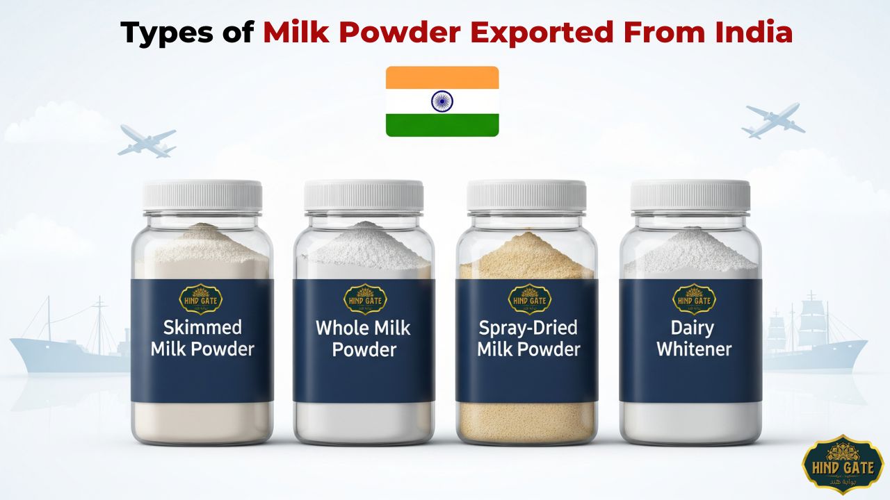 Different types of milk powder exported from India including skimmed, whole, spray-dried, and dairy whitener.