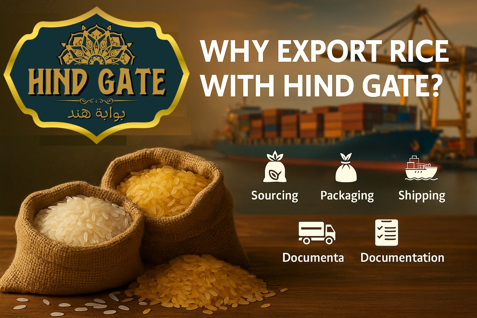 Hind Gate rice export services including sourcing, packaging, shipping, and documentation.