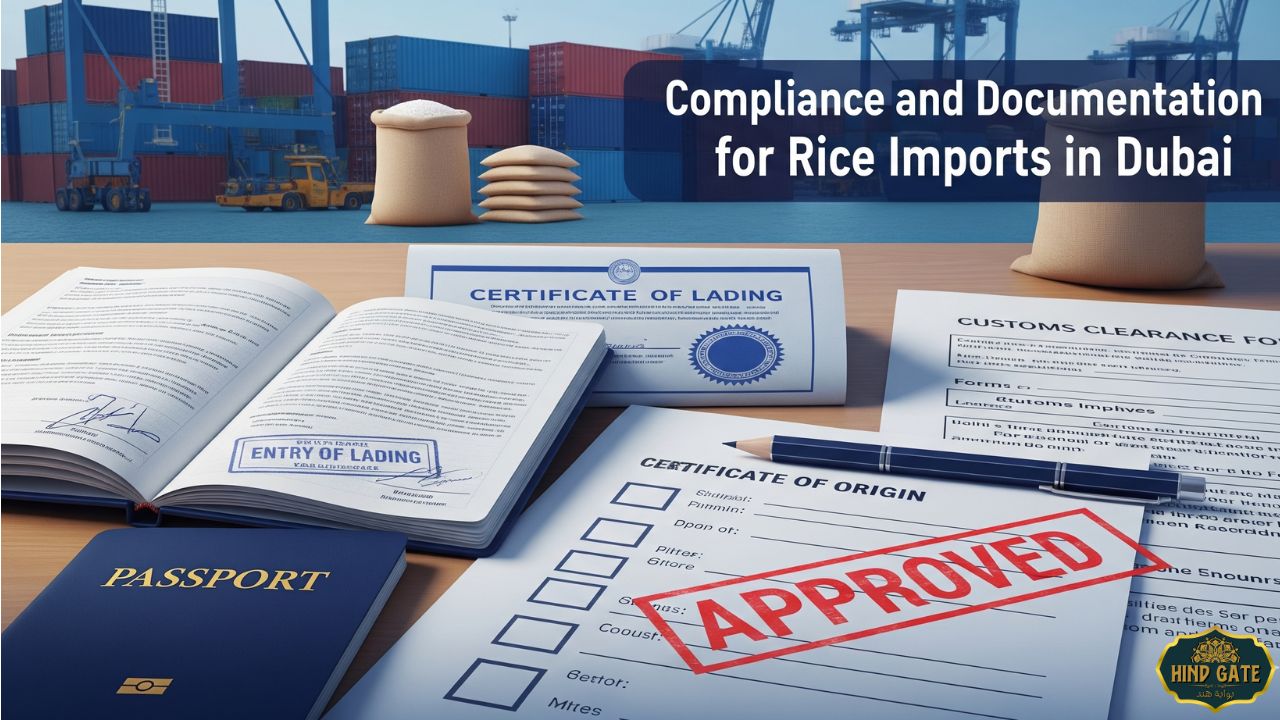 Compliance and documentation for rice imports in Dubai with certificates and shipping papers.