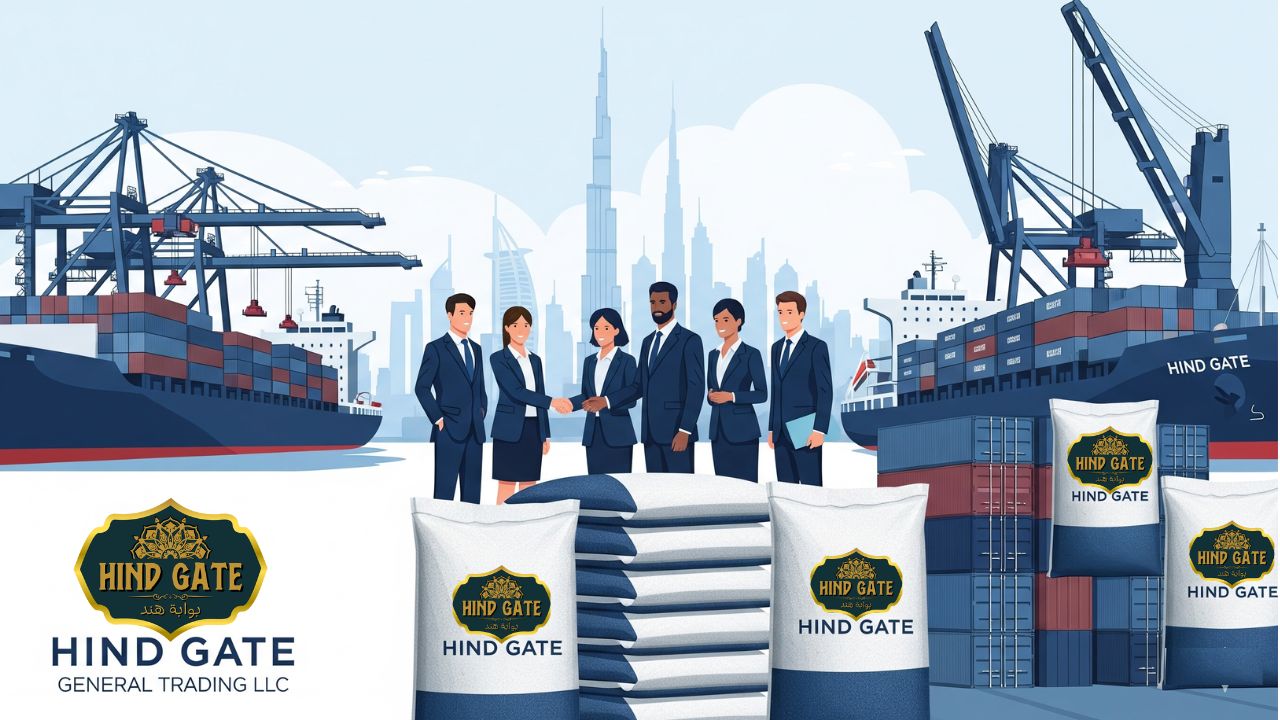 Hind Gate General Trading LLC leading rice importer in Dubai with branded rice bags and cargo ships.