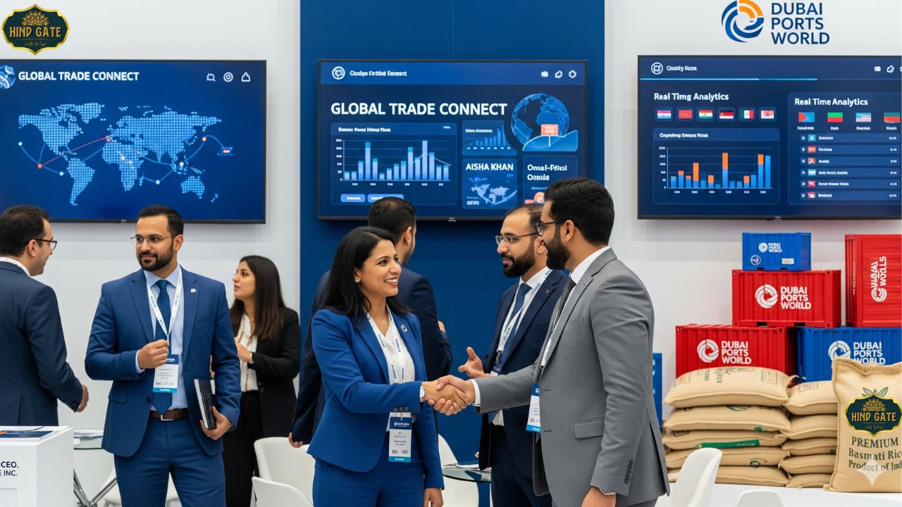 Business networking with rice importers in Dubai at trade fairs and B2B portals.