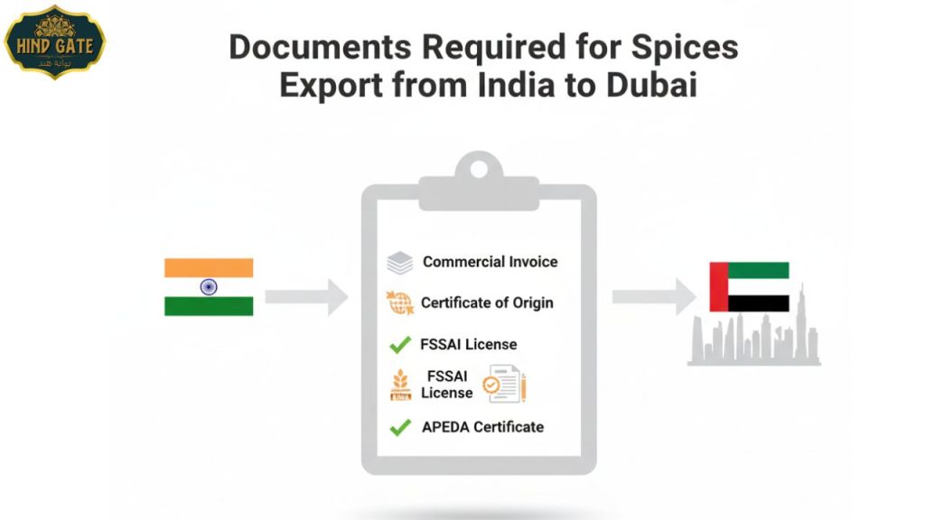 Documents required for spices export from India to Dubai – IEC, APEDA, FSSAI, certificate of origin.