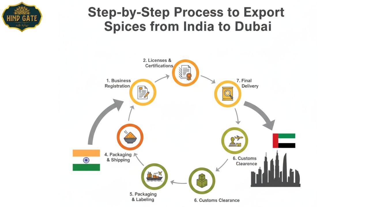 Step-by-step process of spices export from India to Dubai – registration, licenses, packaging, logistics.