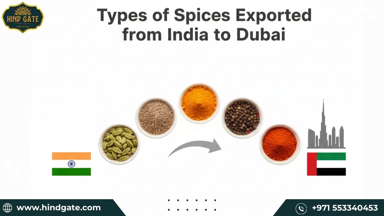 Popular types of Indian spices exported to Dubai – cardamom, cumin, turmeric, black pepper.