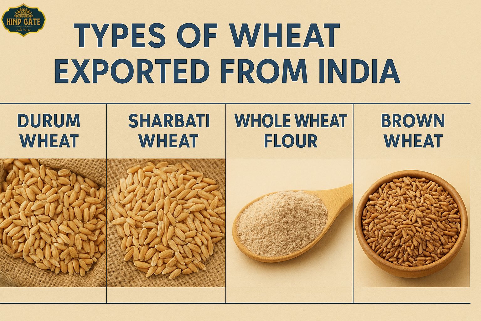 Durum Wheat, Sharbati Wheat, Whole Wheat Flour, and Brown Wheat Exported from India