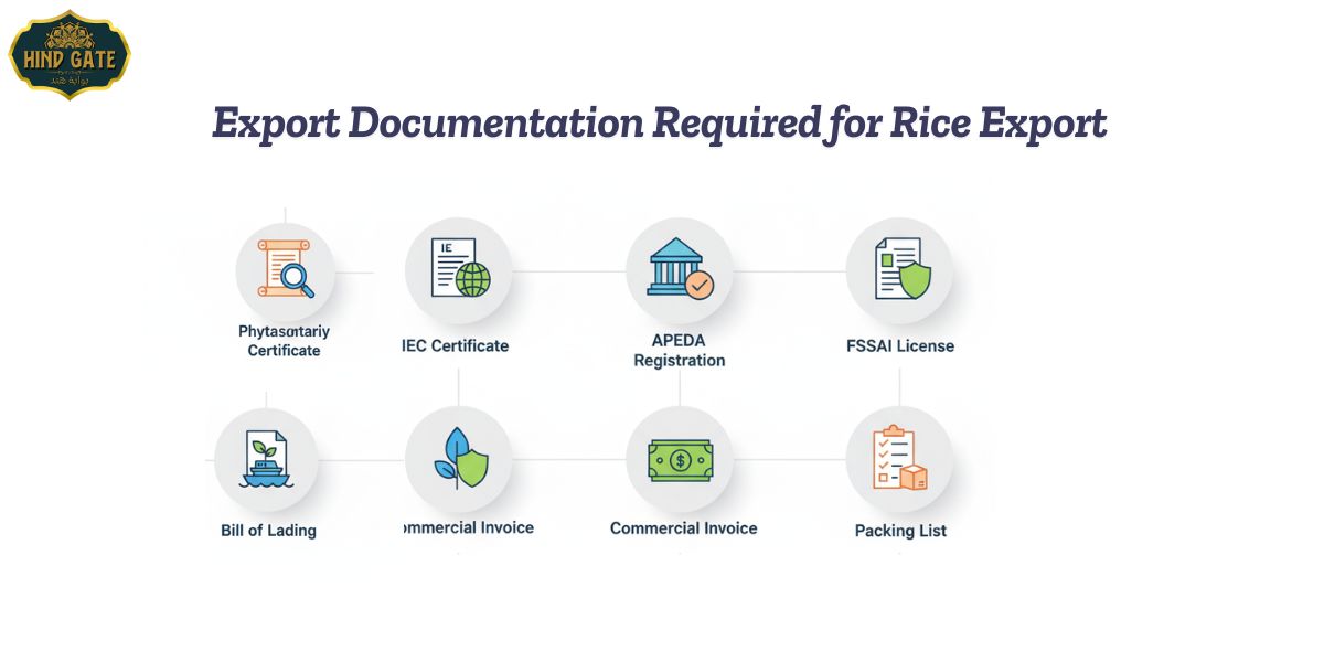 Export documentation required for rice export – IEC, APEDA, FSSAI, phytosanitary certificate, packing list, bill of lading.