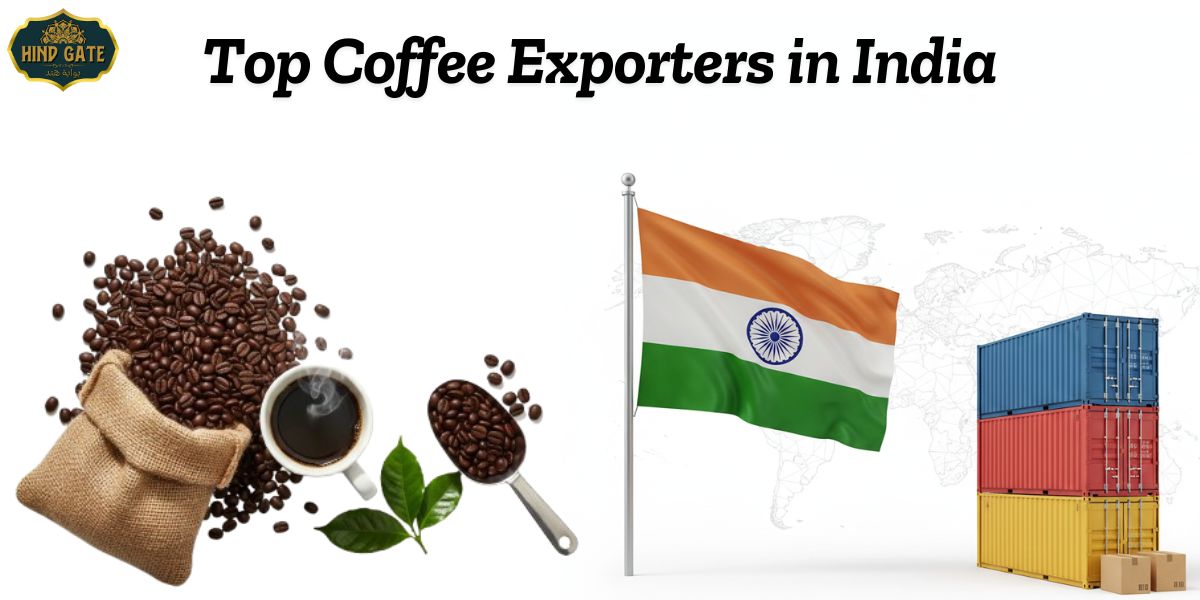 Top 10 coffee exporters in India with coffee beans, Indian flag, and export containers – premium Arabica and Robusta suppliers for global buyers.