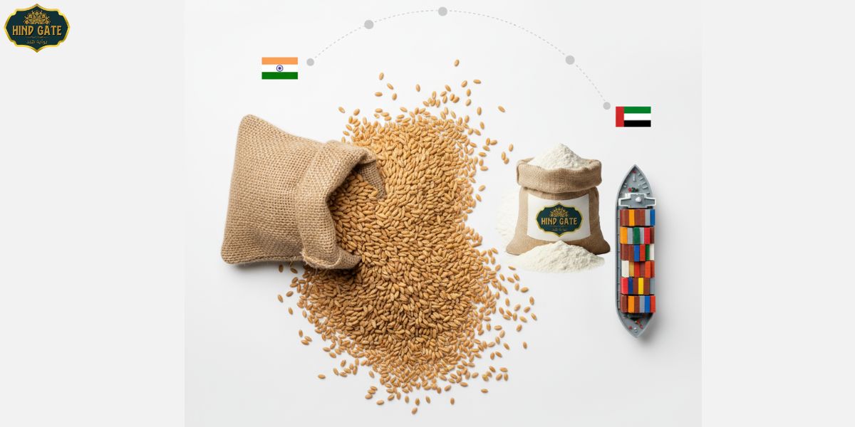 Step-by-step wheat flour export process from India to Dubai showing Hind Gate wheat bags, shipping route, and trade connection.