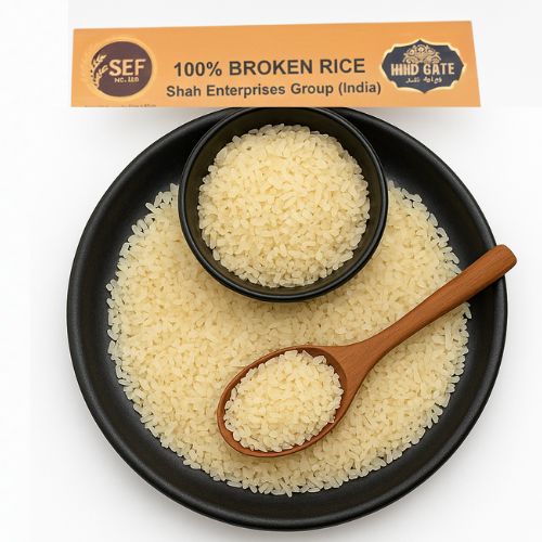 100% Broken Rice in plate and bowl – economical small-grain rice.