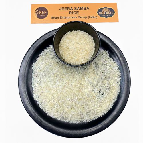 Jeera Samba Rice grains in plate bowl – tiny aromatic South Indian rice.