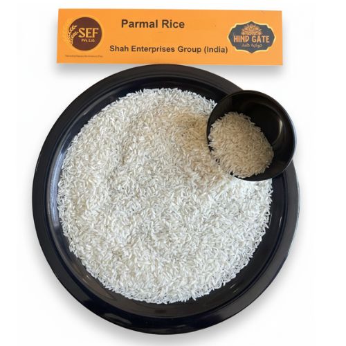 Parmal PR Rice displayed in bowl and plate – long-grain affordable rice.