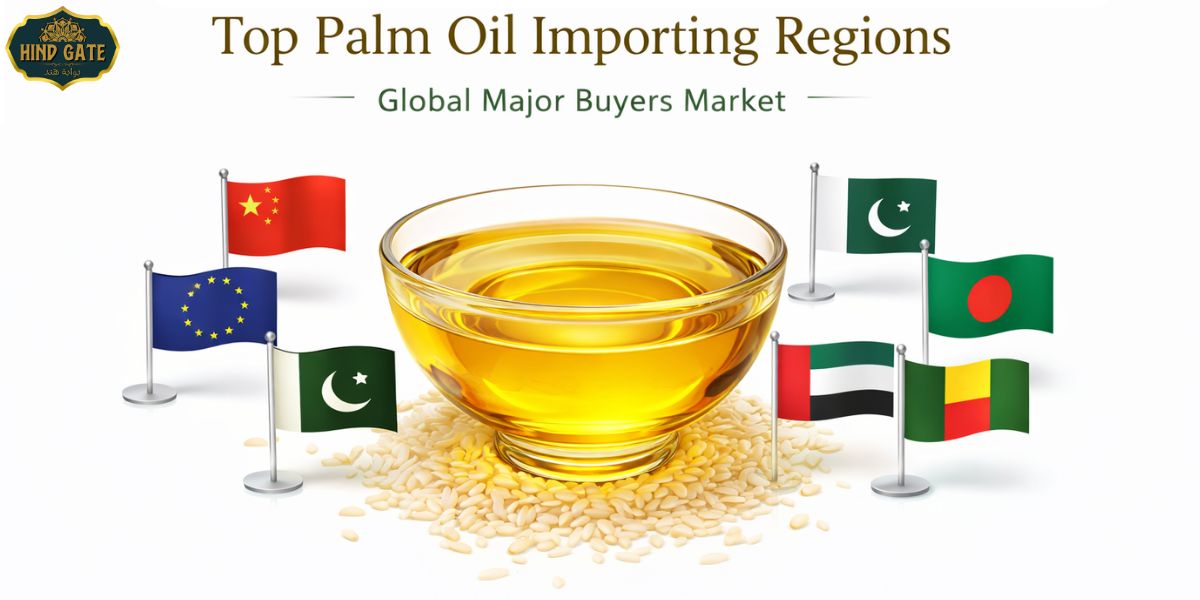 World map highlighting major palm oil importing regions including Asia, Middle East, Europe, and Africa.