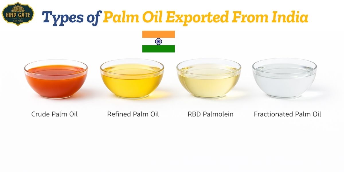 Different types of palm oil exported from India including crude, refined, RBD palmolein, and fractionated palm oil varieties.