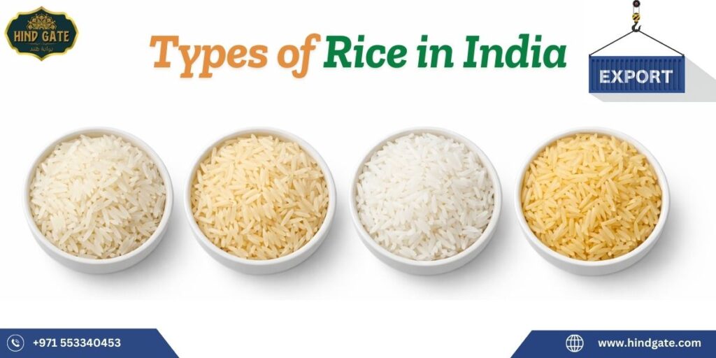 Types of rice in India exported to the USA displayed in bowls including basmati, sella, white, and golden rice varieties.
