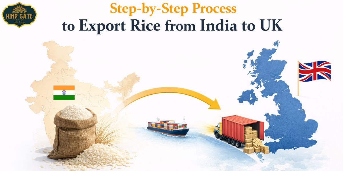 Step-by-step process illustration of exporting rice from India to the UK with trade shipment concept.