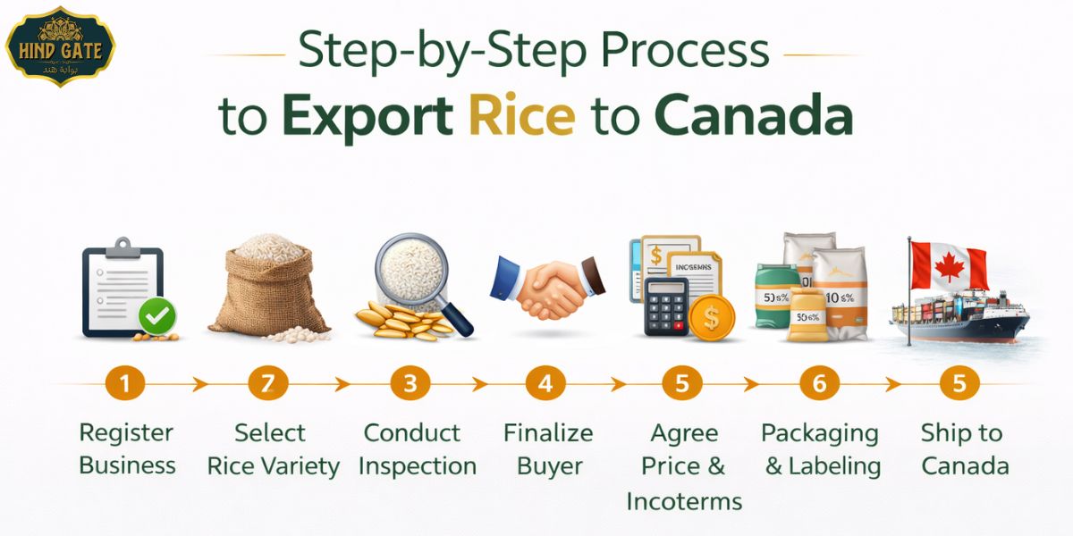 Step-by-step process to export rice from India to Canada infographic showing registration, inspection, pricing, packaging, and shipping stages.